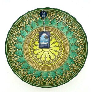 Turkish Glass Round Bowl Serving Salad Gold Lace Green 12" Wide 2.75" Deep